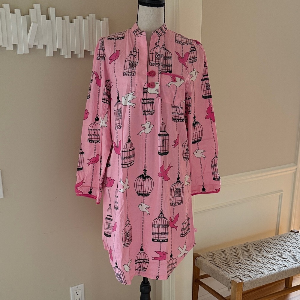Nick & Nora Flannel Nightshirt Birdcage Print Pink Cotton Nightgown Size M